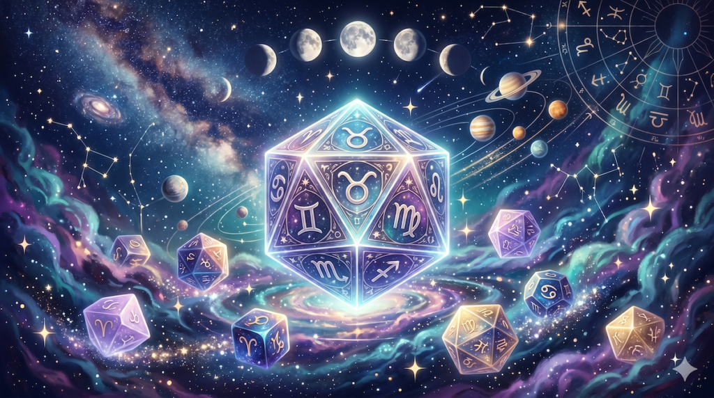 A glowing 12-sided astrology dice in a cosmic galaxy background, illustrating the journey of learning how to read astrology dice.