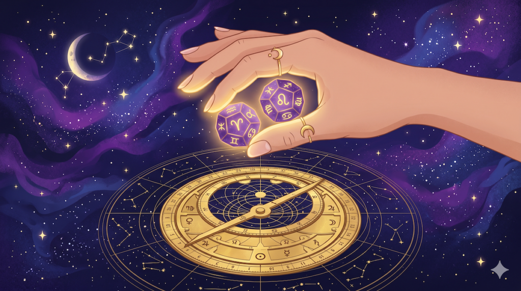 A hand casting purple astrology dice over a golden astrolabe chart, serving as a visual introduction to the AskAstroDice beginner's guide.