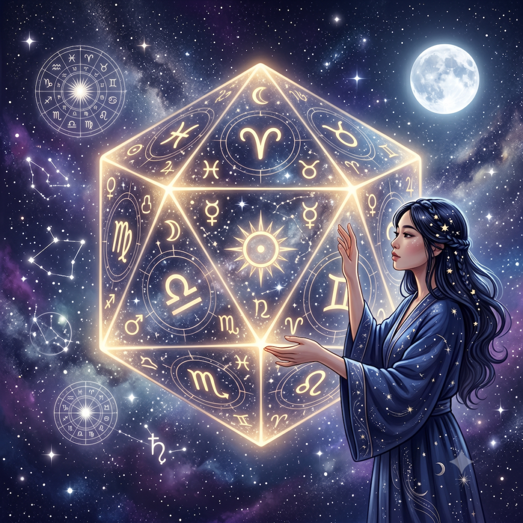 An illustration of a glowing 12-sided astrology dice held by a woman under the moonlight, representing the spiritual guidance of AskAstroDice.